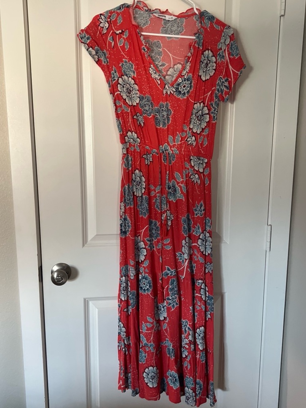 Floral V-Neck Red Maxi Dress